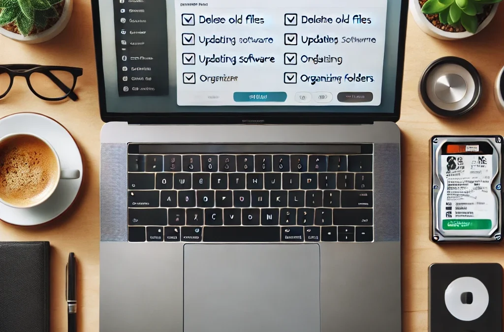 DALL·E 2025 02 04 14.17.26 – A top down view of a workspace with a laptop, external hard drive, and coffee cup. The lapt