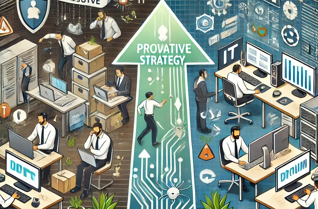 DALL·E 2025 02 06 13.55.10 – A modern digital illustration showing a transition from reactive to proactive IT strategy.