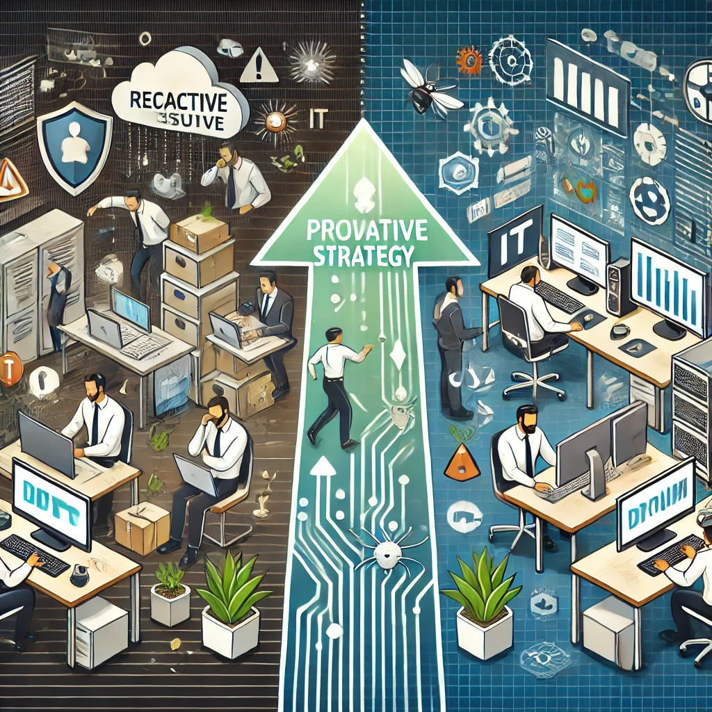 DALL·E 2025 02 06 13.55.10 – A modern digital illustration showing a transition from reactive to proactive IT strategy.