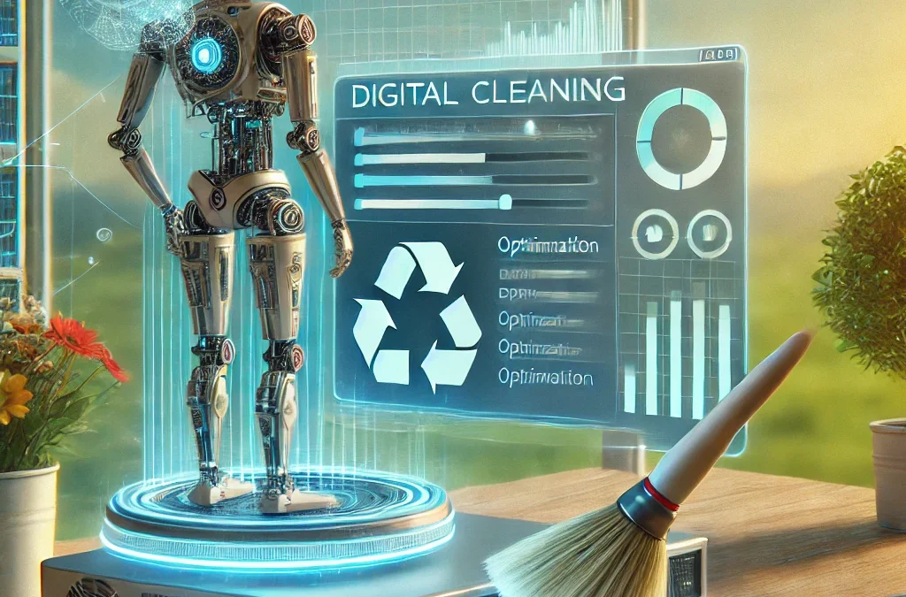 DALL·E 2025 03 03 10.45.52 – A futuristic depiction of a digital spring cleaning process. A robotic assistant is seen du