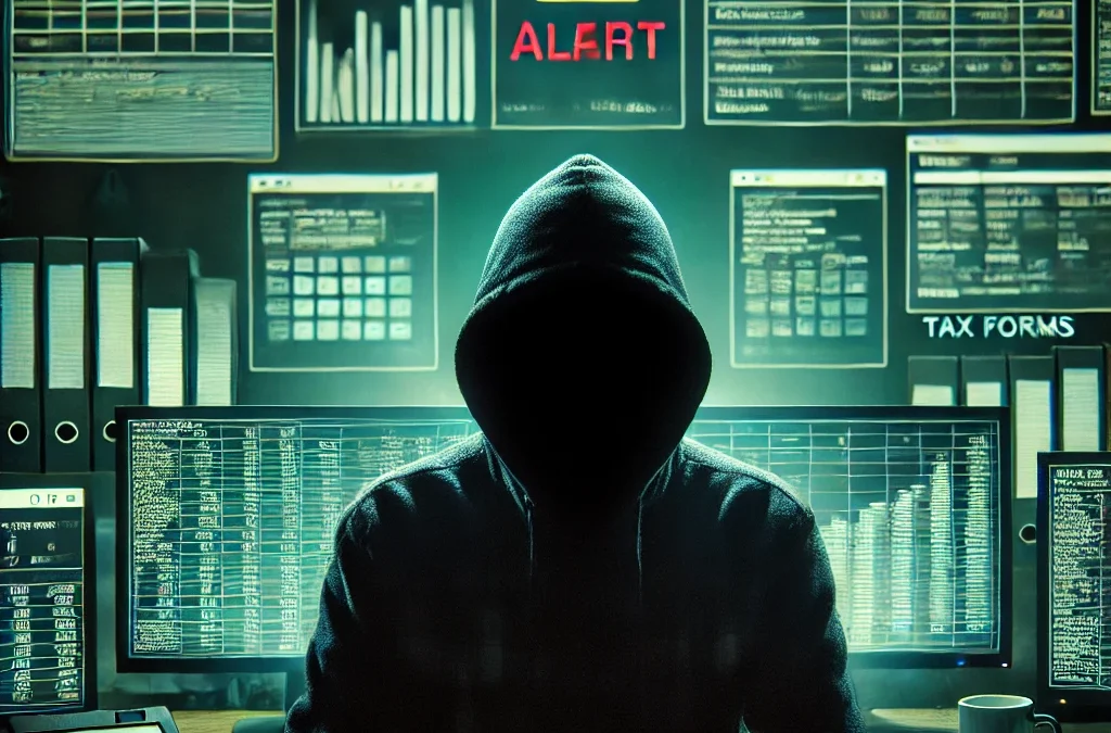 DALL·E 2025 03 04 10.50.05 – A dark silhouette of a cybercriminal wearing a hoodie, sitting in front of multiple compute