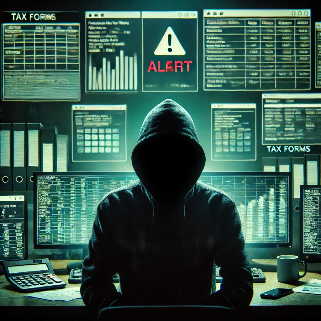 DALL·E 2025 03 04 10.50.05 – A dark silhouette of a cybercriminal wearing a hoodie, sitting in front of multiple compute