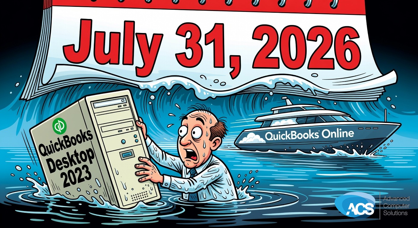 Illustration for: QuickBooks Desktop 2023 Reaches End of Service July 31, 2026 — Payroll and Bank Feeds Will Stop Working, Not Just Updates